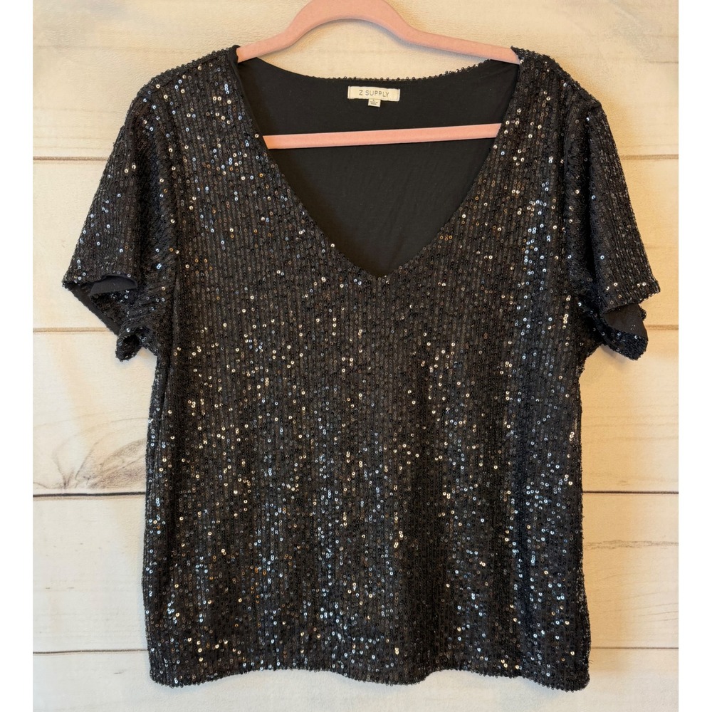 Z Supply Womens Black Sequin V-Neck Short Sleeve Top ZT234254 Size L